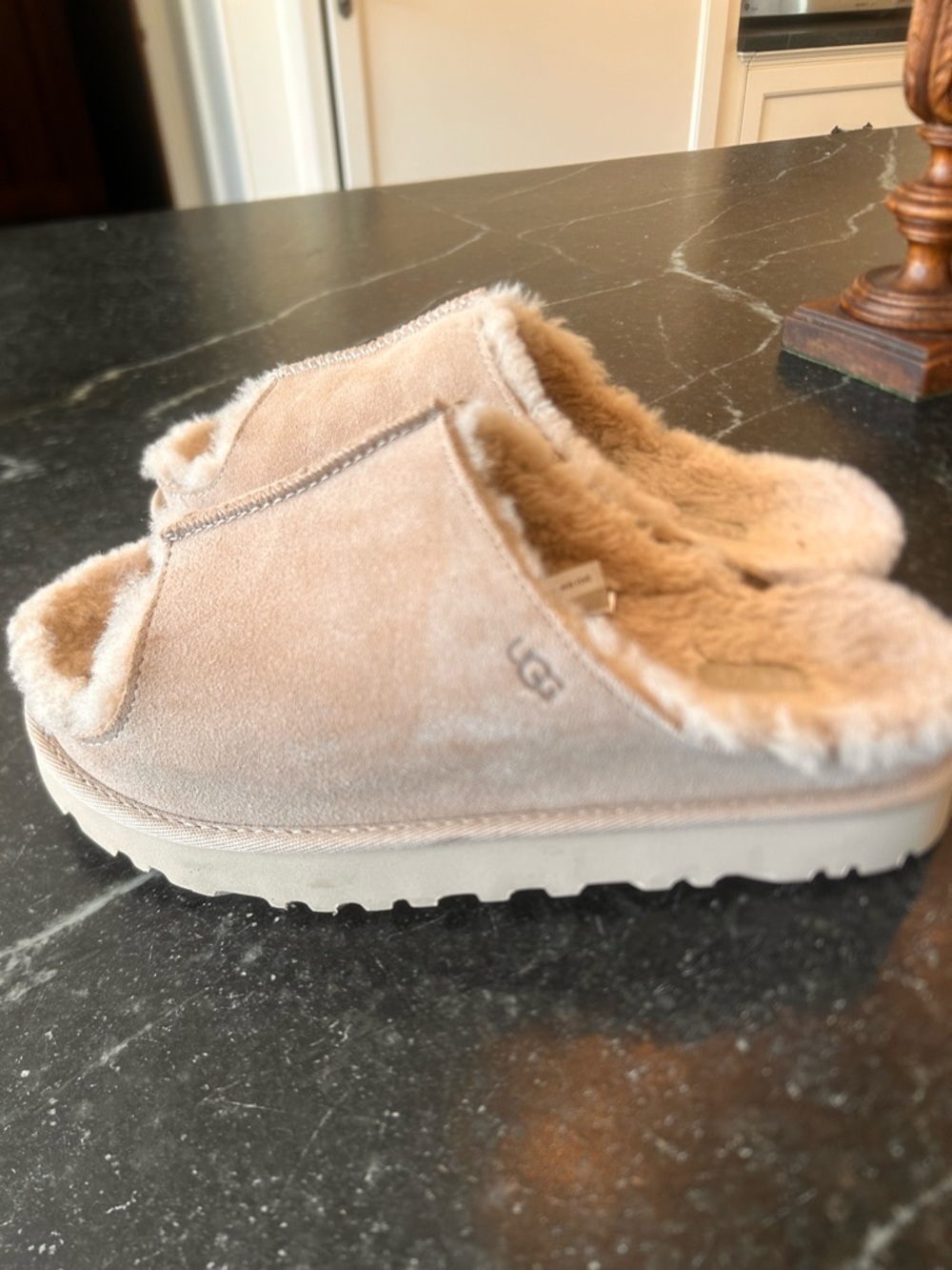 UGG Women's Tan Suede Shearling Open Toe Slide Slippers